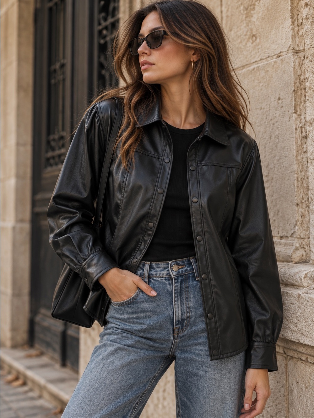 Blanc NYC Black Faux Leather Button Front Shirt Jacket Medium Minimalist Moto